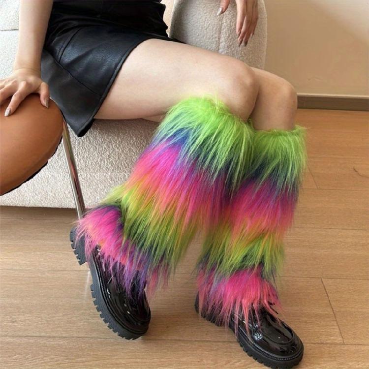 Fashionable Fuzzy Leg Warmers Plush Boot Cuffs Toppers Footless Socks Rainbow Colorful Leg Gaiters for Costume Parties