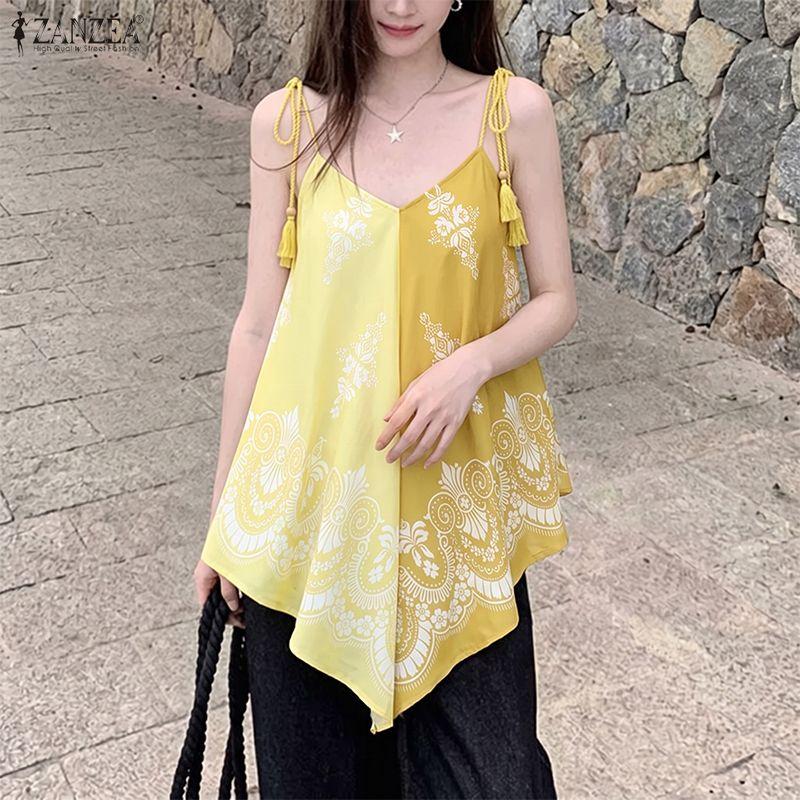 ZANZEA Damen Boho Print Lässige Ärmellose V-Ausschnitt Slip Camisoles