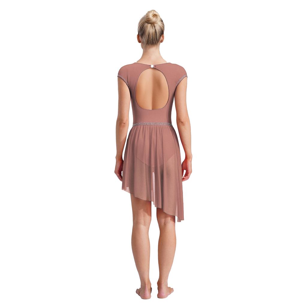 Dames Kunstschaats Leotard Jurk Gerimpelde Mesh Overlay Strass Onregelmatige Zoom Openbare Kruis Bodysuit