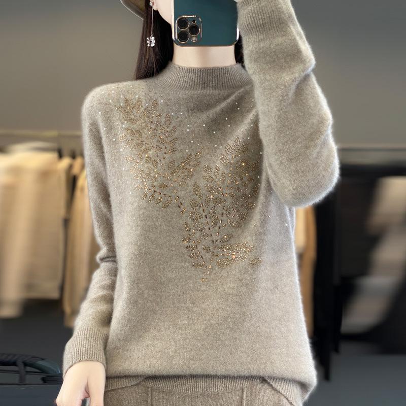 Rhinestone Wool Sweater for Women, Autumn/Winter Collection: Half-High Neck, Knitted, Long & Loose Fit.