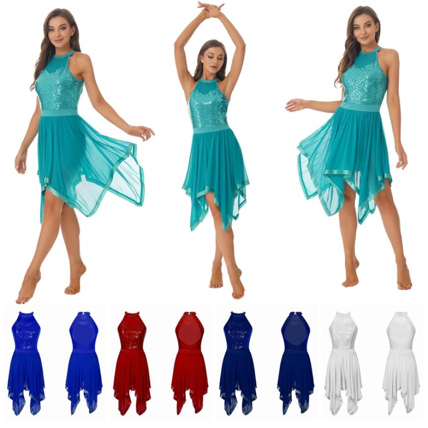 Halter Backless Asymmetrical Hem Mesh Dresses Dance Performance Costume