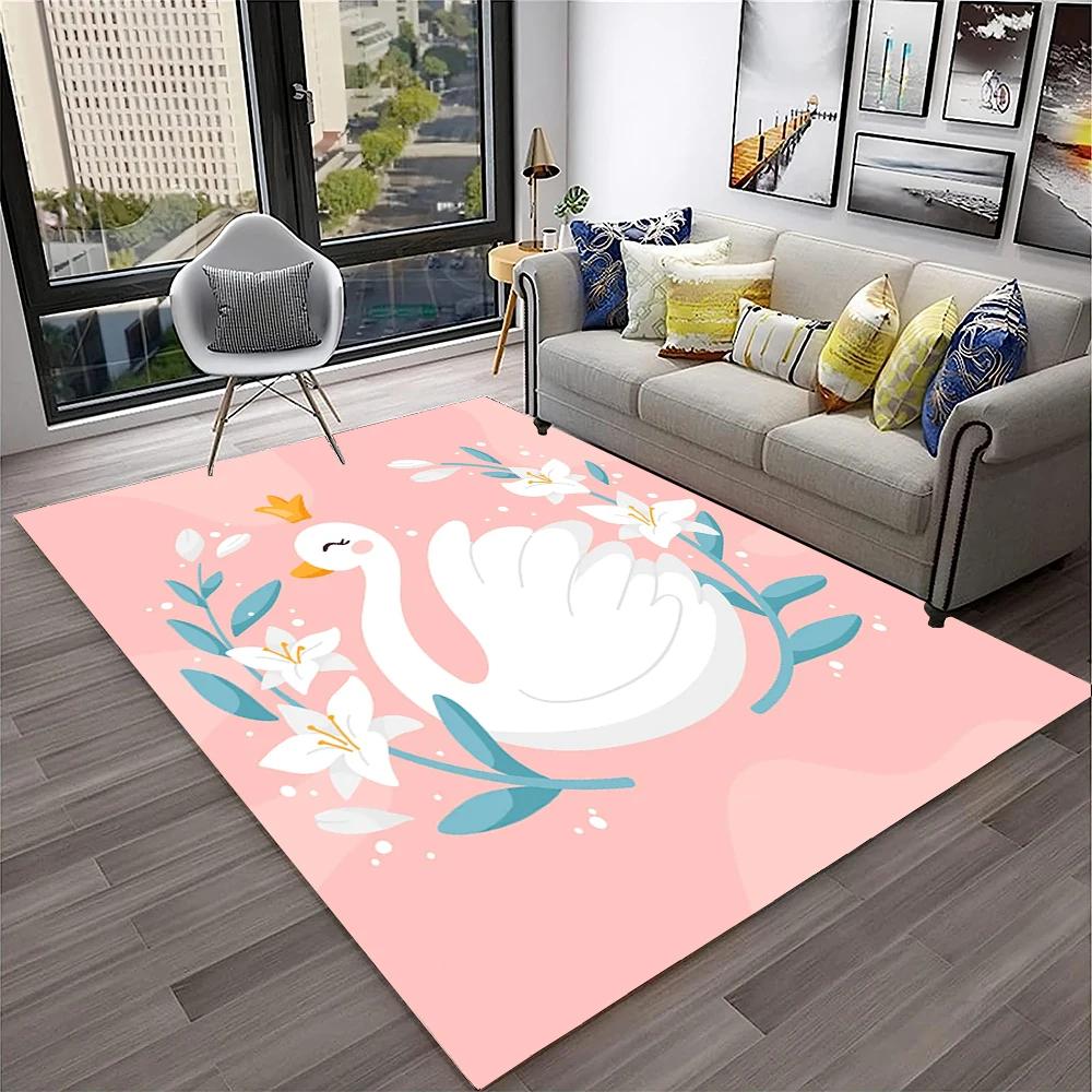 Cute Swan Princess Cartoon Cygnus Carpet Rug for Home Living Room Bedroom Sofa Doormat Decor, Kids Area Rug Non-slip Floor Mat