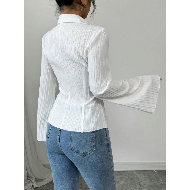 White Slim Fit Waist Cinched Women's Shirt Fashion Flared Long Sleeve Elegant Blouse Pleated Spring Autumn Sexy Elegant Tops Streetwear Basic Clothing