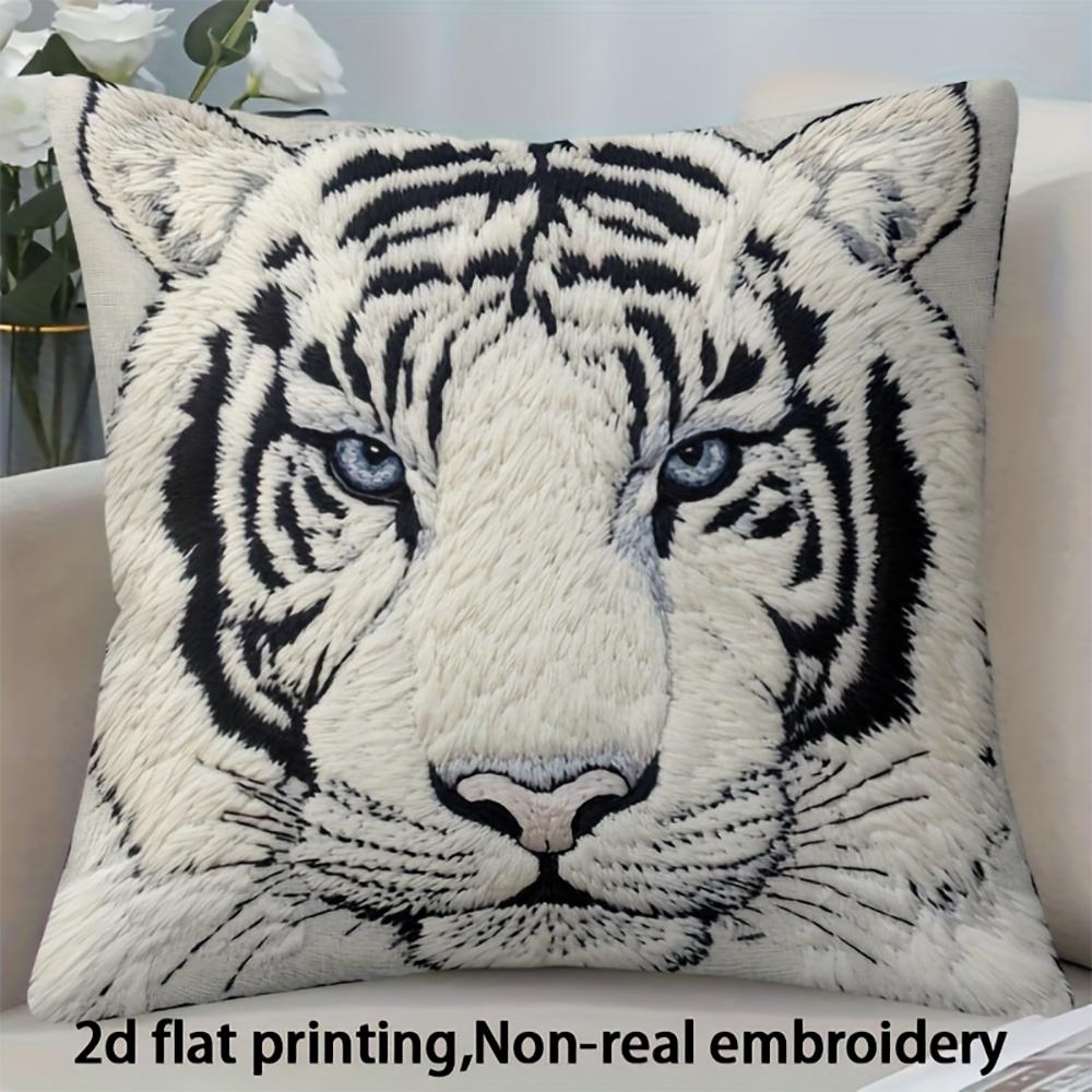 

2D flat- Luxury White Tiger Print Square Throw Pillow Cover Modern Wildlife Home Decor Cushion Case for Sofa Bedroom Living Room 45x45cm-1pcs