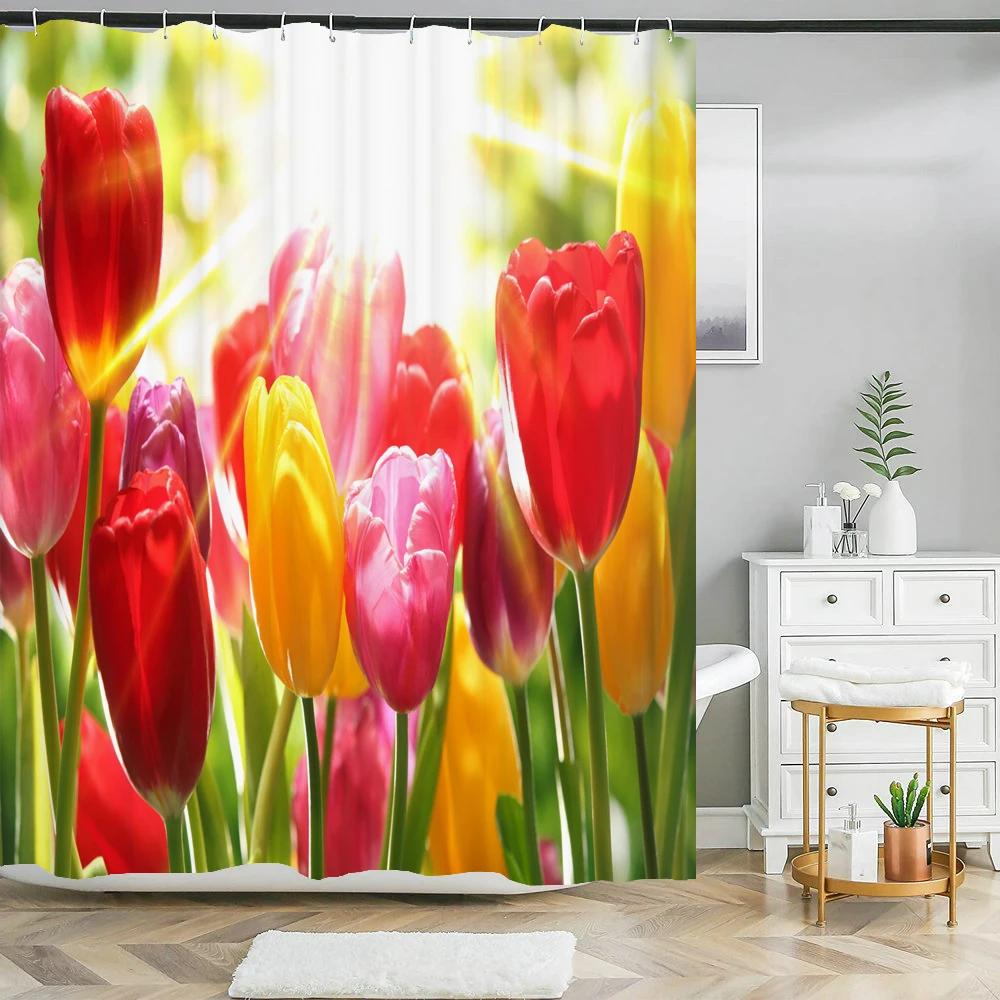 Wodoodporna zasłona prysznicowa z 12 haczykami Piękna kolorowa zasłona łazienkowa z nadrukiem naturalnych kwiatów Poliestrowa zasłona do dekoracji domu