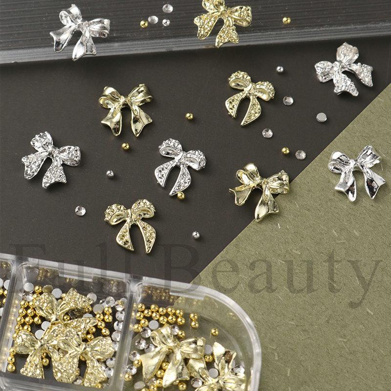 1pc of 6-compartment metal bow rhinestone and steel bead 3D nail art, nail decoration, holiday gift.