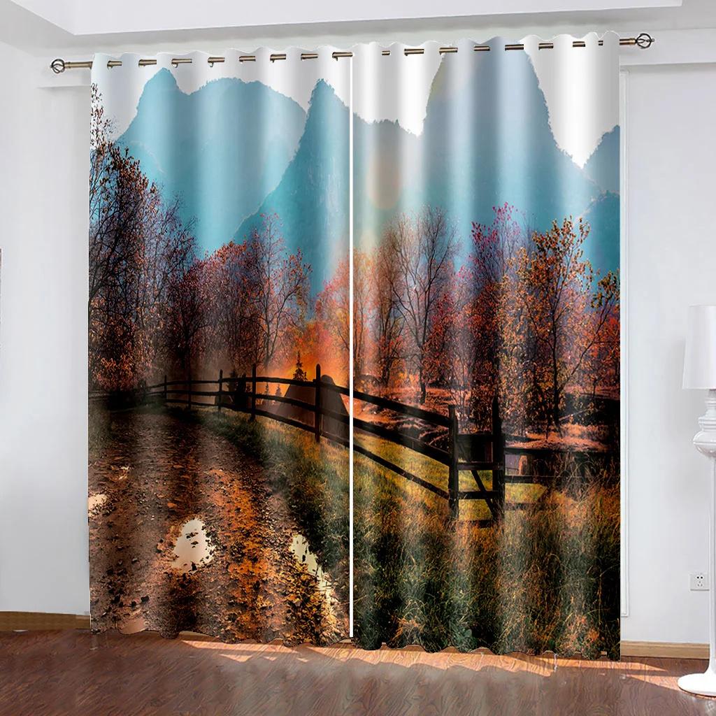 Spring and Autumn Forest Scenery Series Sunshade Curtains 2 Pieces for Living Room Bedroom Home Decoration Hook Perforation
