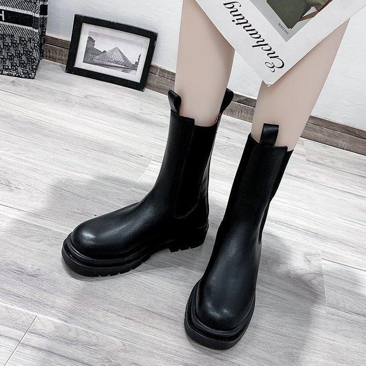 Flat-bottomed High-heeled Martin Boots with Round Head, New Thick-heeled Medium-tube Martin Boots, Elastic Foot Boots.