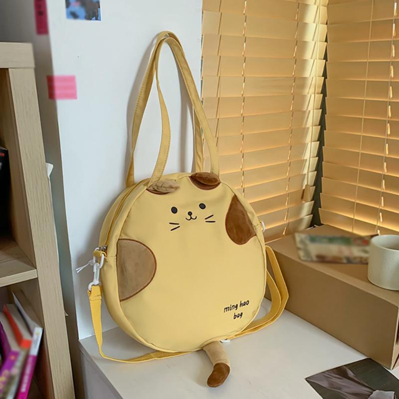 2025 New Leisure Fashion Embroidered Large Capacity Shoulder Bag Cute Cartoon Cat Commuter Canvas Small Round Bag