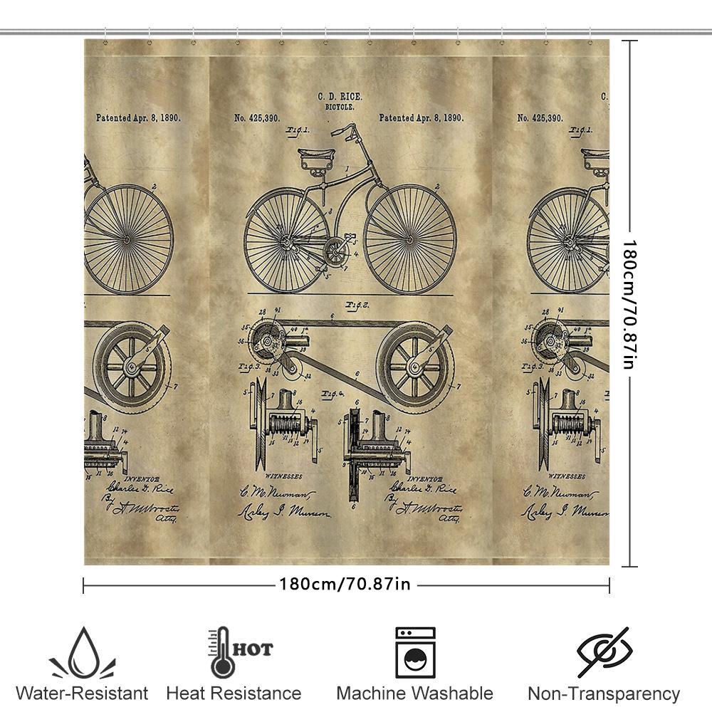 Plano de Bicicleta Vintage Decoración de Baño Arte Rústico de Ciclismo Cortina de Ducha Diagrama de Bicicleta Antigua Cortinas de Lavabo