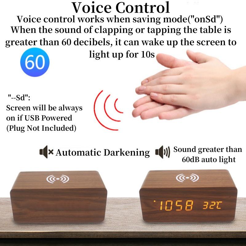 USB Powered Wooden Digital Alarm Clock with Wireless Charging TEMP Date Night Mode Desktop Clock 12/24H Voice Control LED Clock