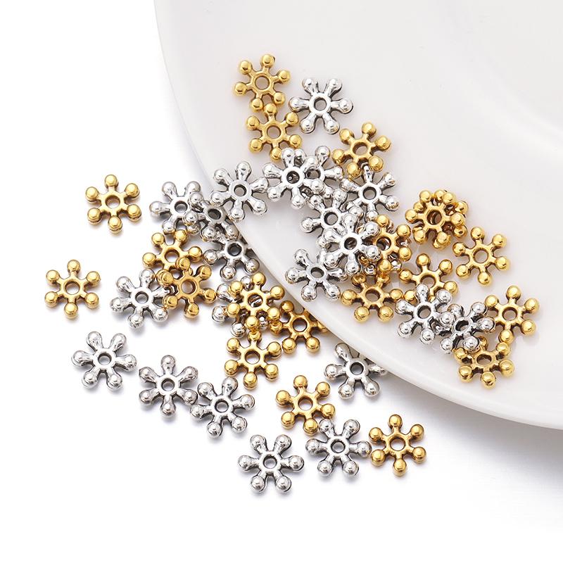 7mm Alloy Snowflake Spacer Gold Color Metal Beads Hole 1.2mm Handmade Women Jewelry Bracelets Diy Charm Supplies Wholesale