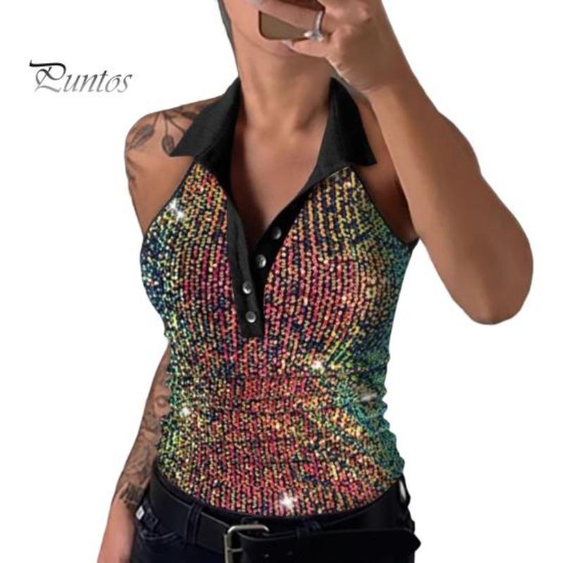 

Women Vest Lapel V-Neck Sleeveless Off Shoulder Tops Shiny Sequ Tank Tops Holidays Parties Clubs Wear S