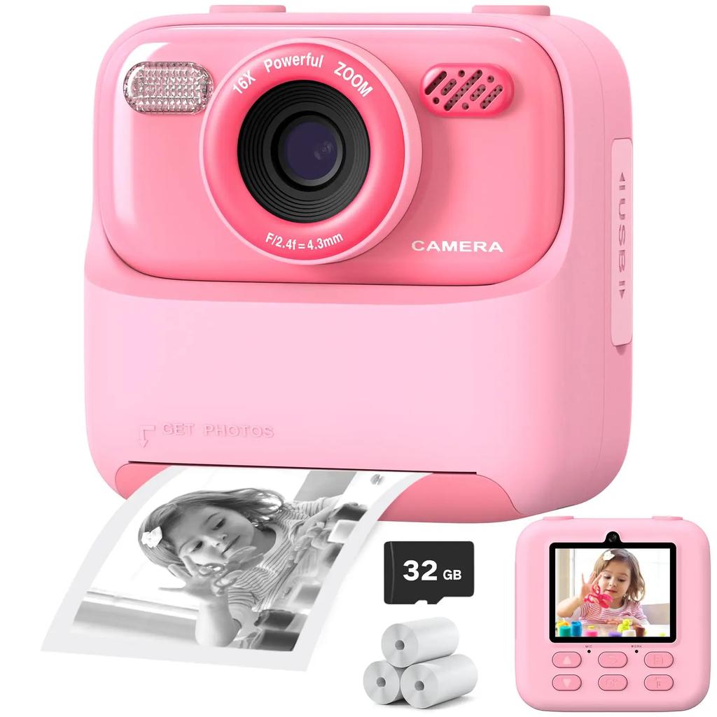 Kids Camera Instant 1080P HD Dual Lens Selfie Digital Camera for Girls Boys Christmas Birthday Gifts Toys With 32G Print