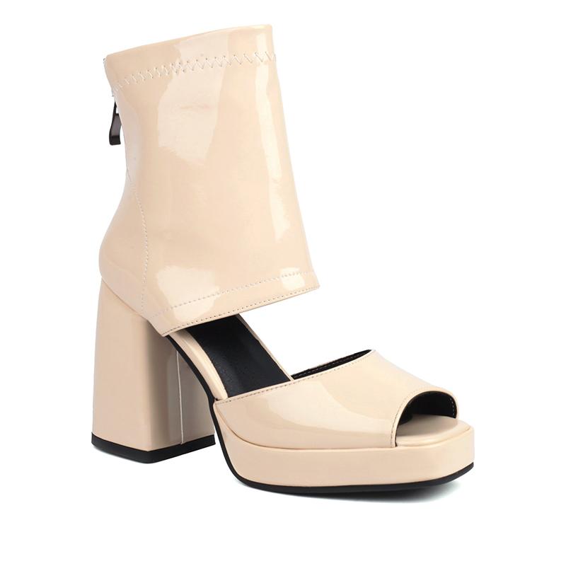 

Plus Size Glossy Lacquer Leather Cutout Peep Toe Breathable Cool Boots Ultra High Heel Back Zipper Roman Style Short Boots 34 бежевий
