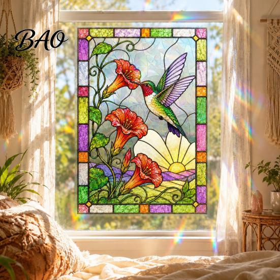 Light Filtering Privacy Film Stained Glass Static Window Clings, Hummingbird Flower Stickers, Removable Reusable Sticker PVC Decals for Home