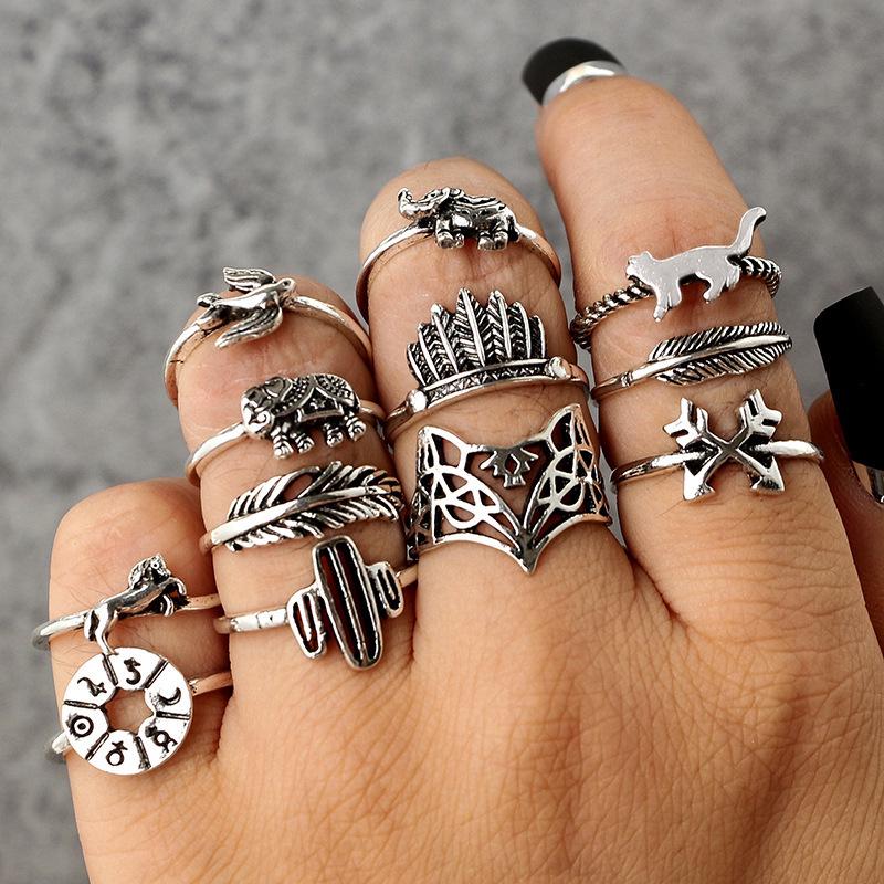 

New Retro Alloy Set Leaf Fox Elephant Ring 12-piece Set 11 срібний