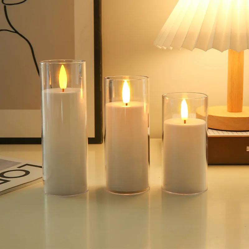 

Acrylic Flameless Flickering Candles Battery Operated LED Fake Plastic Pillar Candles for Home Decor Atmosphere Night Light білий