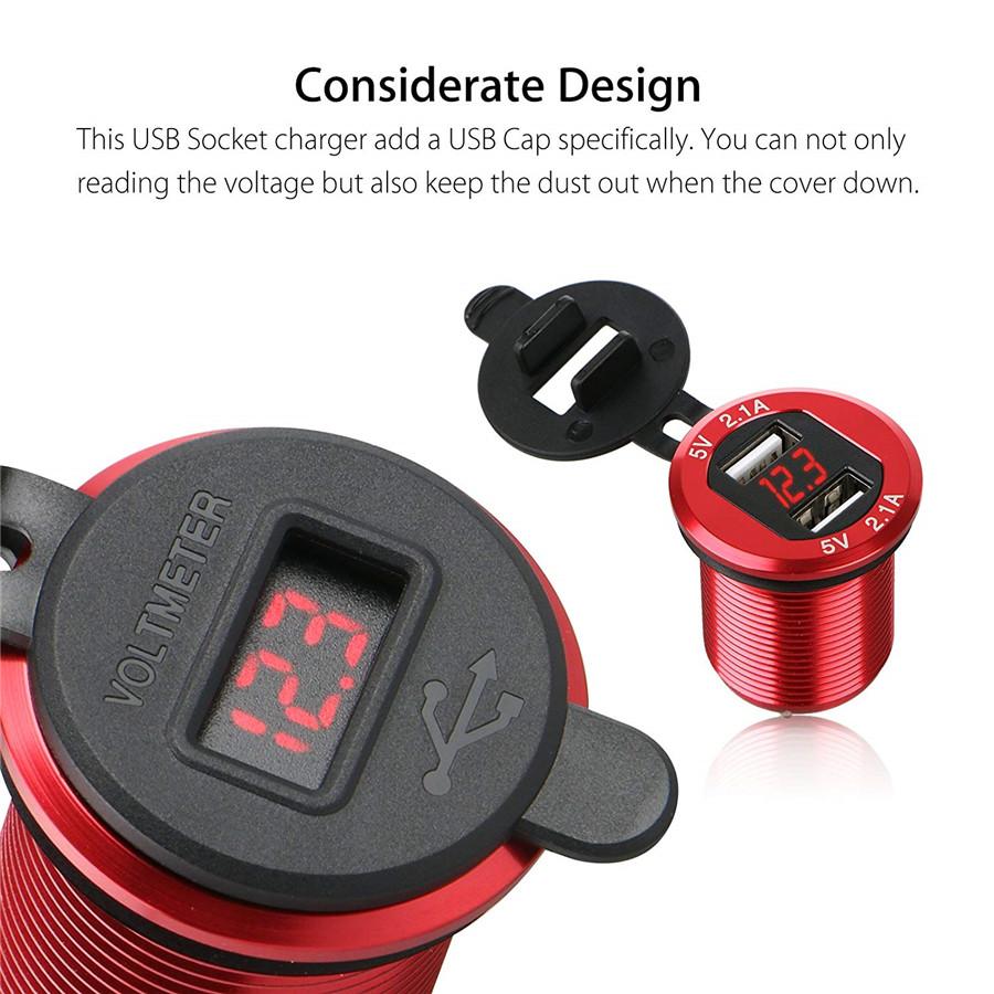 Red 12V Dual USB 4.2A Car Cigarette Lighter Charger Socket LED Digital Voltmeter