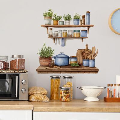 Mensole da cucina dipinte, stoviglie, ristorante, sfondo per pareti domestiche, abbellimento, decorazione, adesivi murali