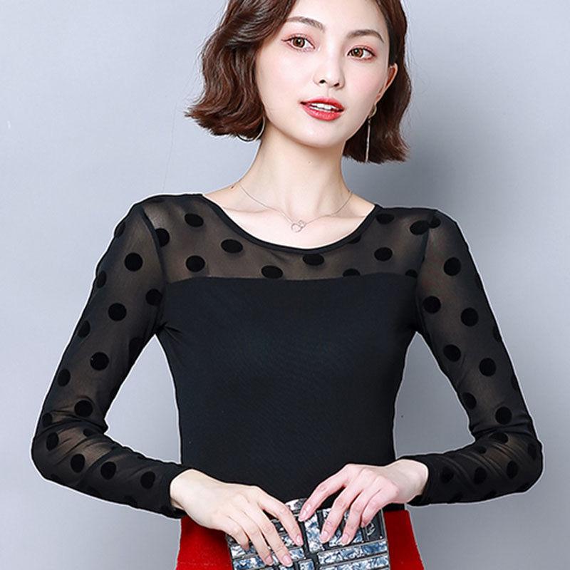 

Весенняя кружевная блузка с высоким воротом и принтом в горошек: С длинным рукавом, приталенный крой, сетчатый дизайн для женщин M 40-50 kg