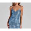 Women Sequined Spaghetti Strap V Neck Bodycon Long Evening Party Dress