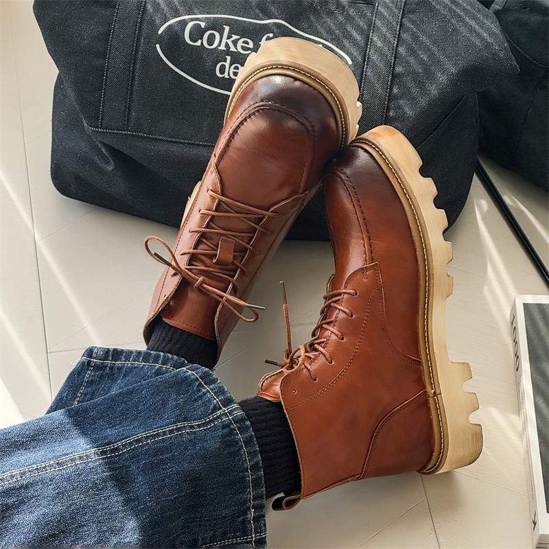 Fashion Men's British Retro Casual Boots Fashion Thick Sole Heightened Work Mens Shoes Lace-up Comfortable Outdoor Flats Oxfords Boots