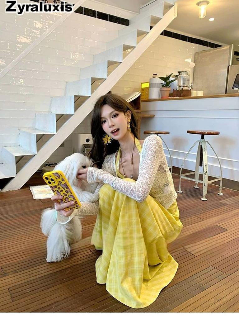 Romantic French V-Neck Vest Dress for Women, Trendy Thai Hainan Sanya Beach Summer Vacation Style Maxi Dress