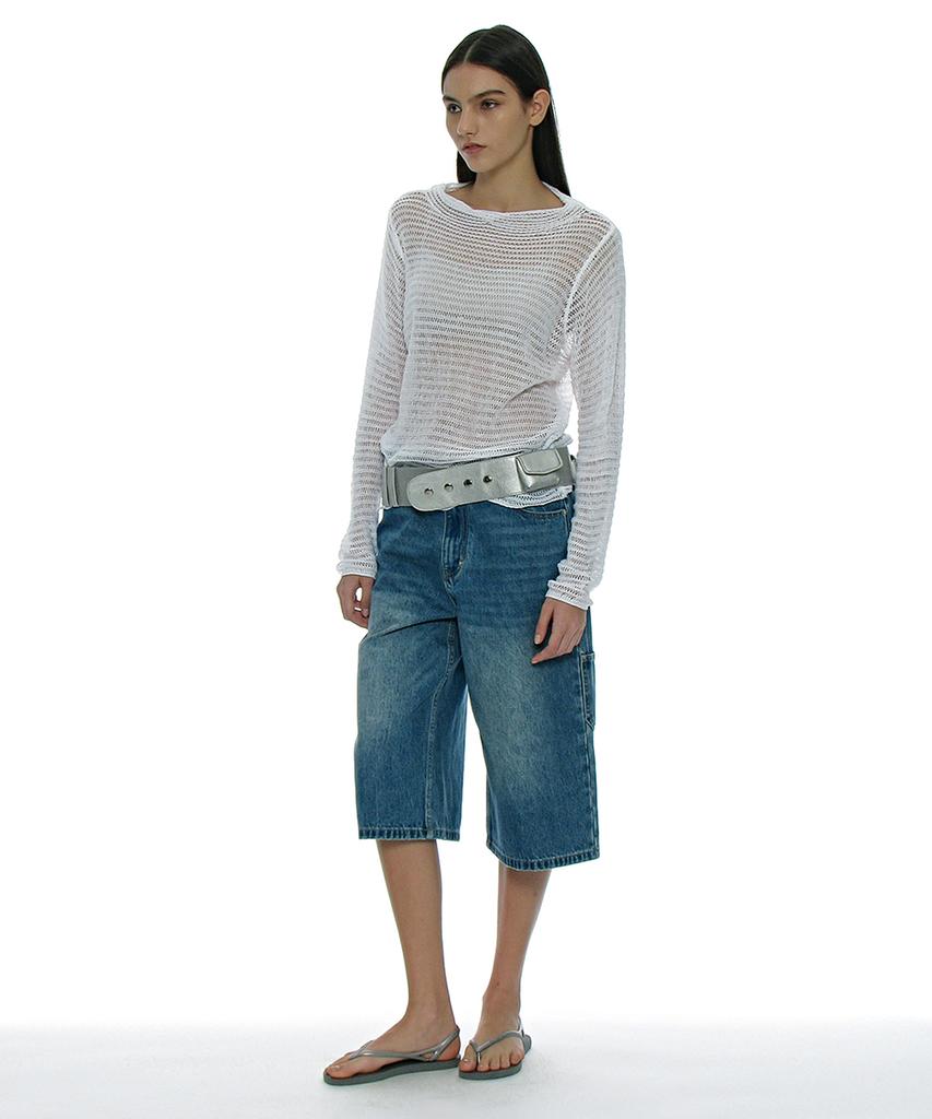 PARTIMENTO WOMEN Sheer Boatneck Knit Top_White