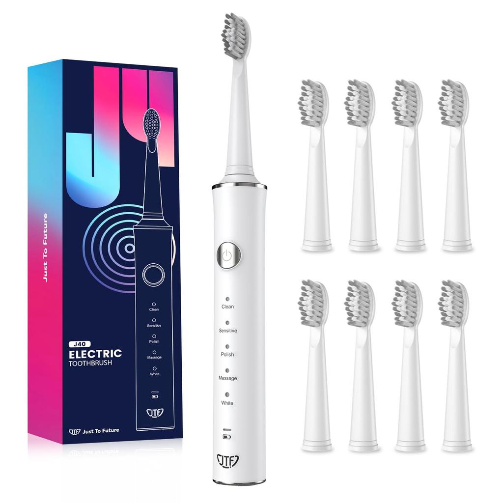 JTF Electric Toothbrush with 5 8 Replacement Brush and 45 Days of Use on a Single IPX7 White Modes, Tips, 2-Minute Timer, Charge, Waterproof,