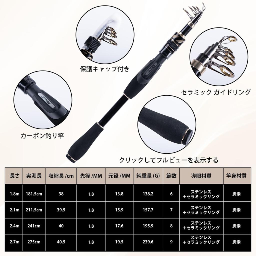 Goture Black and Gold Telescopic Single Fishing Rod Reel Telescopic Rod with Spinning 600D PVC Carrier Travel Fishing Rod Combo Starter Kit 1.8M +