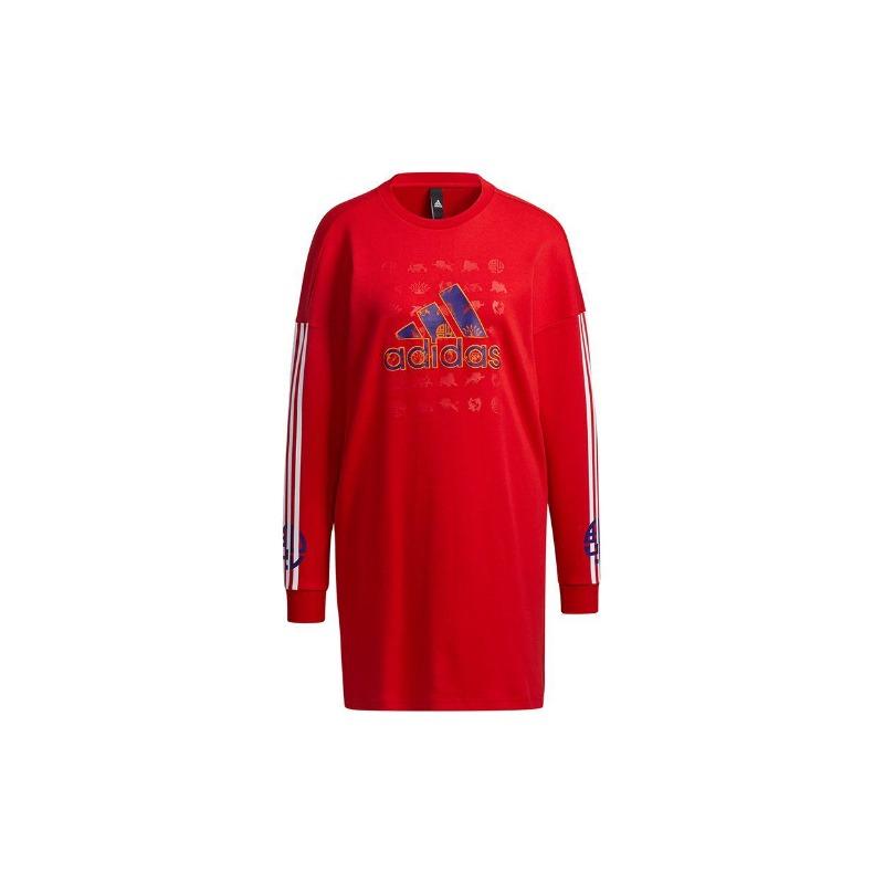 adidas Cny Sweatshirt Dress With Sporty Print Women Dress Red GQ8842