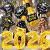 10 Stück 2026 Schwarz Gold Frohes Neues Jahr Ballon Set Silvesterparty Atmosphäre Dekoration Weinflasche Aluminium Ballons