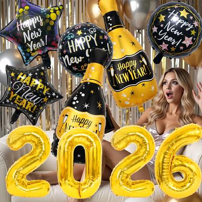 10 Stück 2026 Schwarz Gold Frohes Neues Jahr Ballon Set Silvesterparty Atmosphäre Dekoration Weinflasche Aluminium Ballons