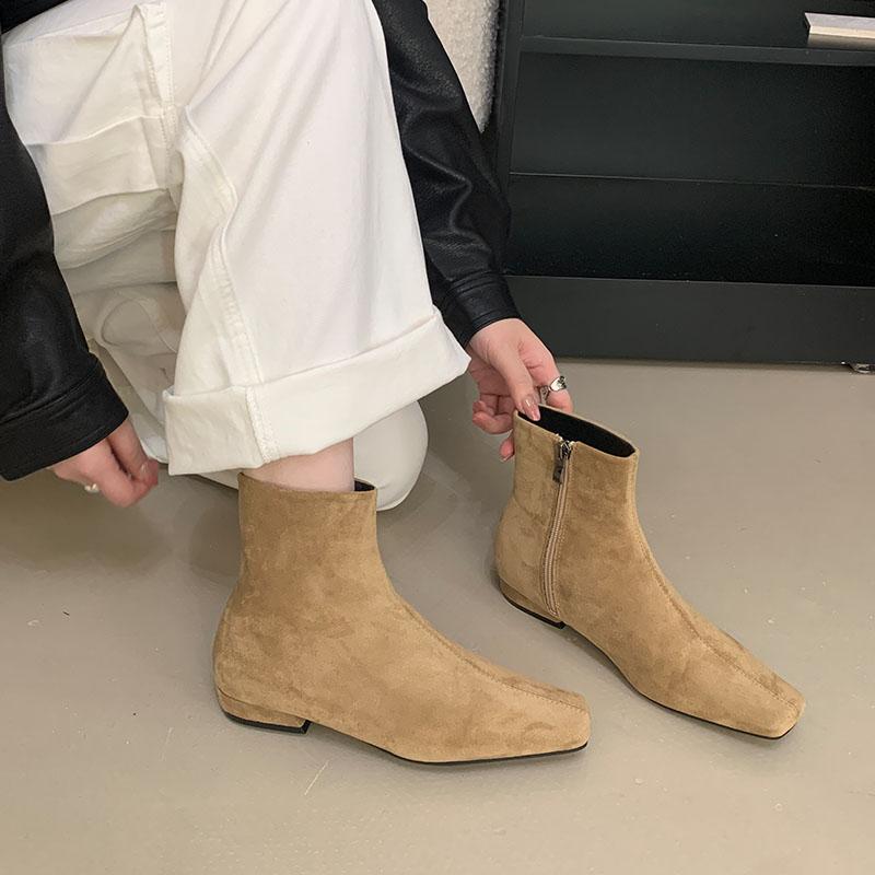 Mode Mode Eckige Zehenpartie Damen Ballerinas Stiefeletten Schuhe mit Reißverschlüssen Schuhe Lässig Weiblich Flock Damen Kurze Stiefel Schuhe