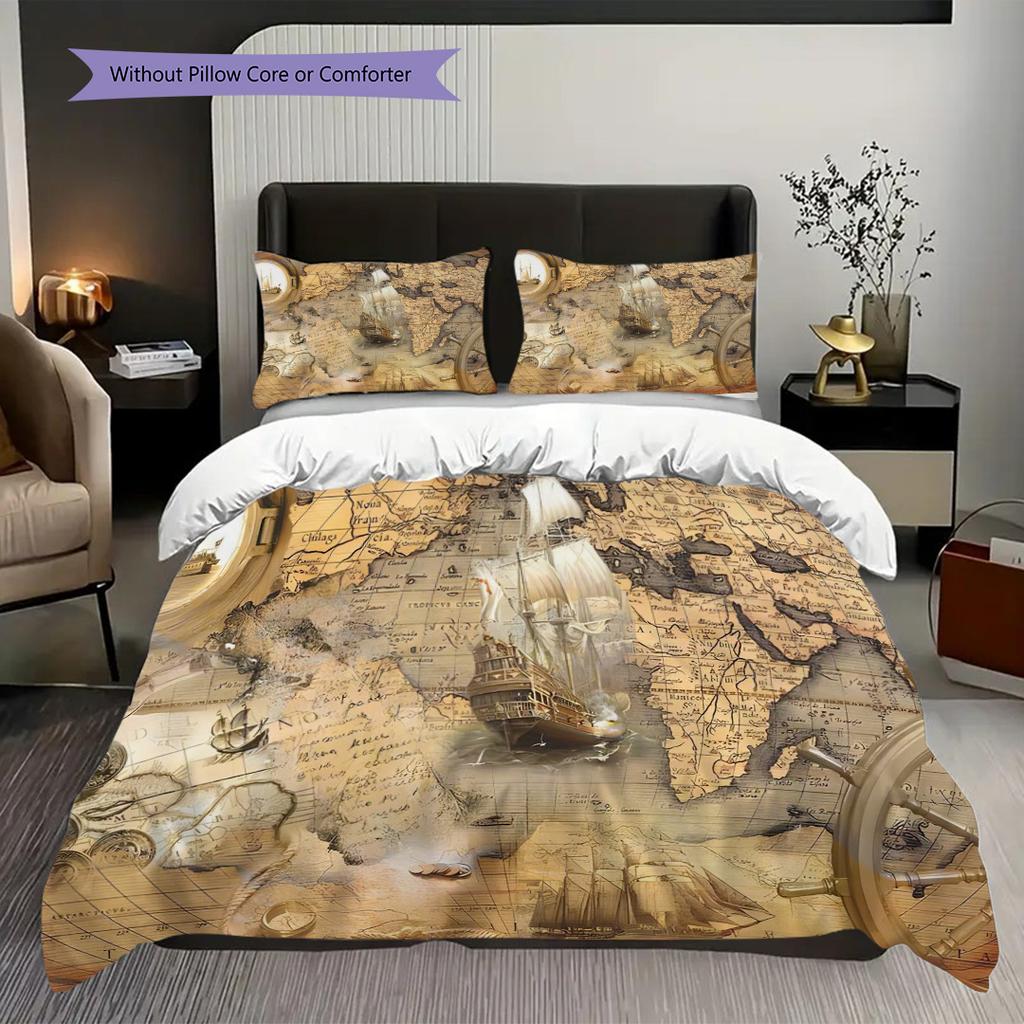 Vintage Maritime Adventure Map Three-piece set (1 * duvet cover + 2 * pillowcase, without core) 2D Flat Duvet cover and pillowcase