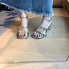 Wow~ summer new fashion high heels are stable enough silver fashion sandals with one-word buckle strap square head round heel