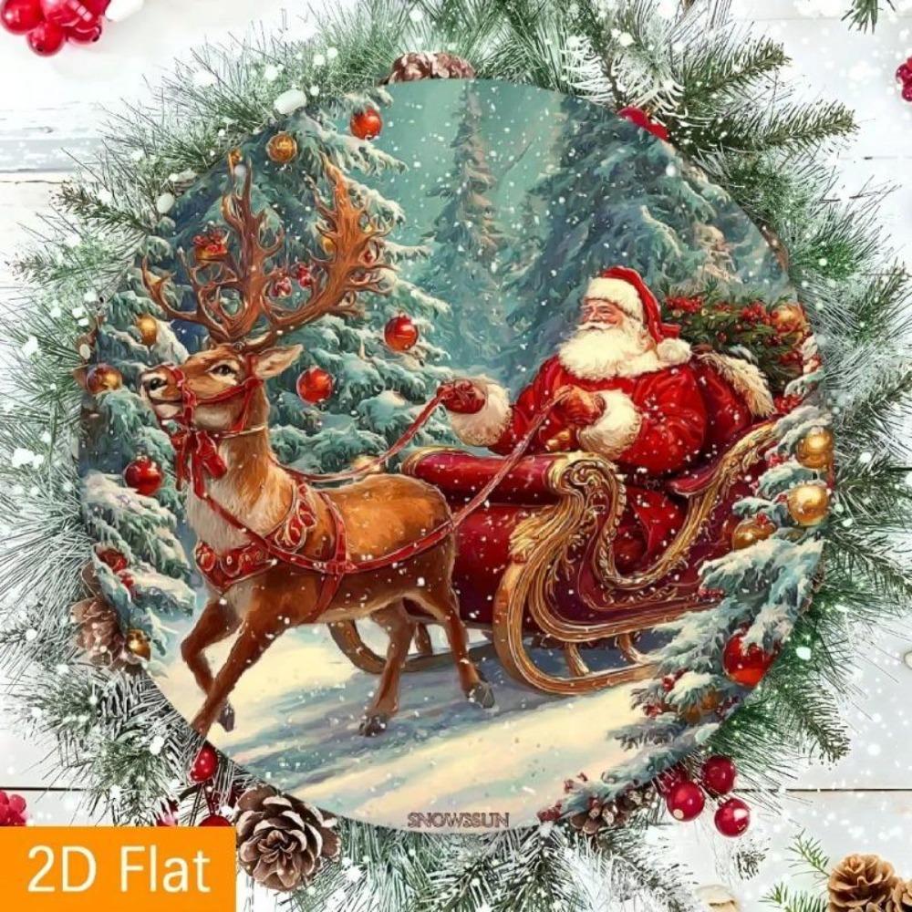 Vintage Christmas Metal Wall Art Santa Claus Reindeer Sleigh Round Tin Sign Holiday Decor Home Office Cafe Bar