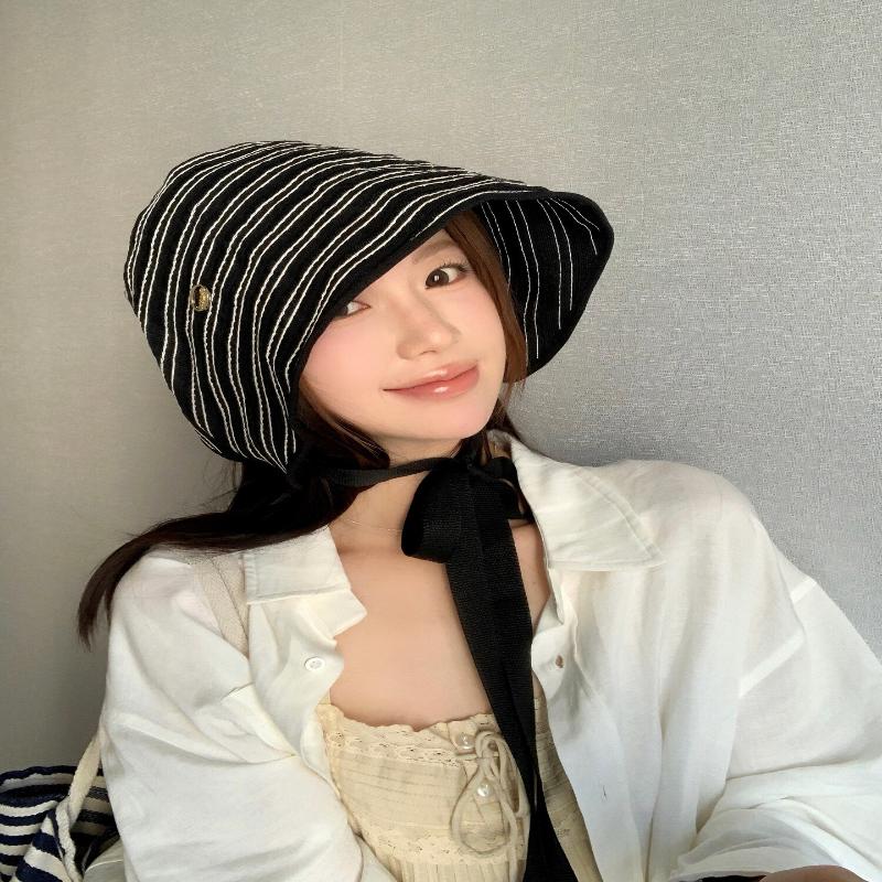 

Fashion Ribbon Women Striped Fisherman Hat Wide Brim Foldable Summer Sun Hat Sun Protection Solid Color Sunshade Hat