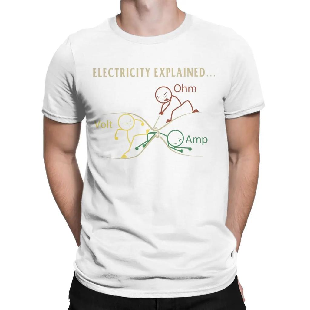 Funny Electricity Explained Physics T-Shirts for Men Volt Ohm Ampere Pure Cotton Tees Crew Neck Short Sleeve T Shirts Clothing