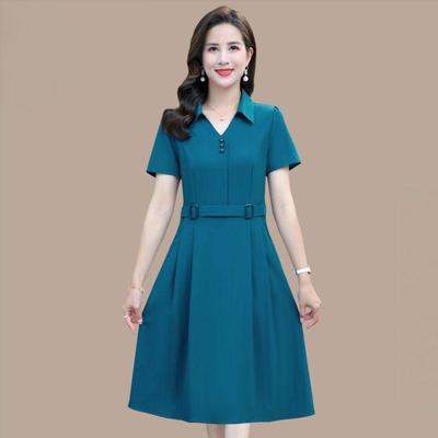 Vestido de Verão da Moda para Mulheres de Meia Idade Respirável Manga Curta Ajustado Estilo Elegante