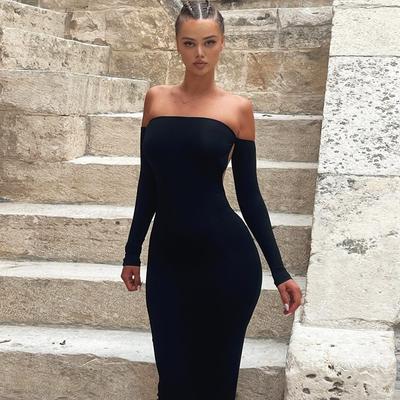 Autumn Solid Color Long Sleeved Strapless Dress Sexy Halter Slim Dress