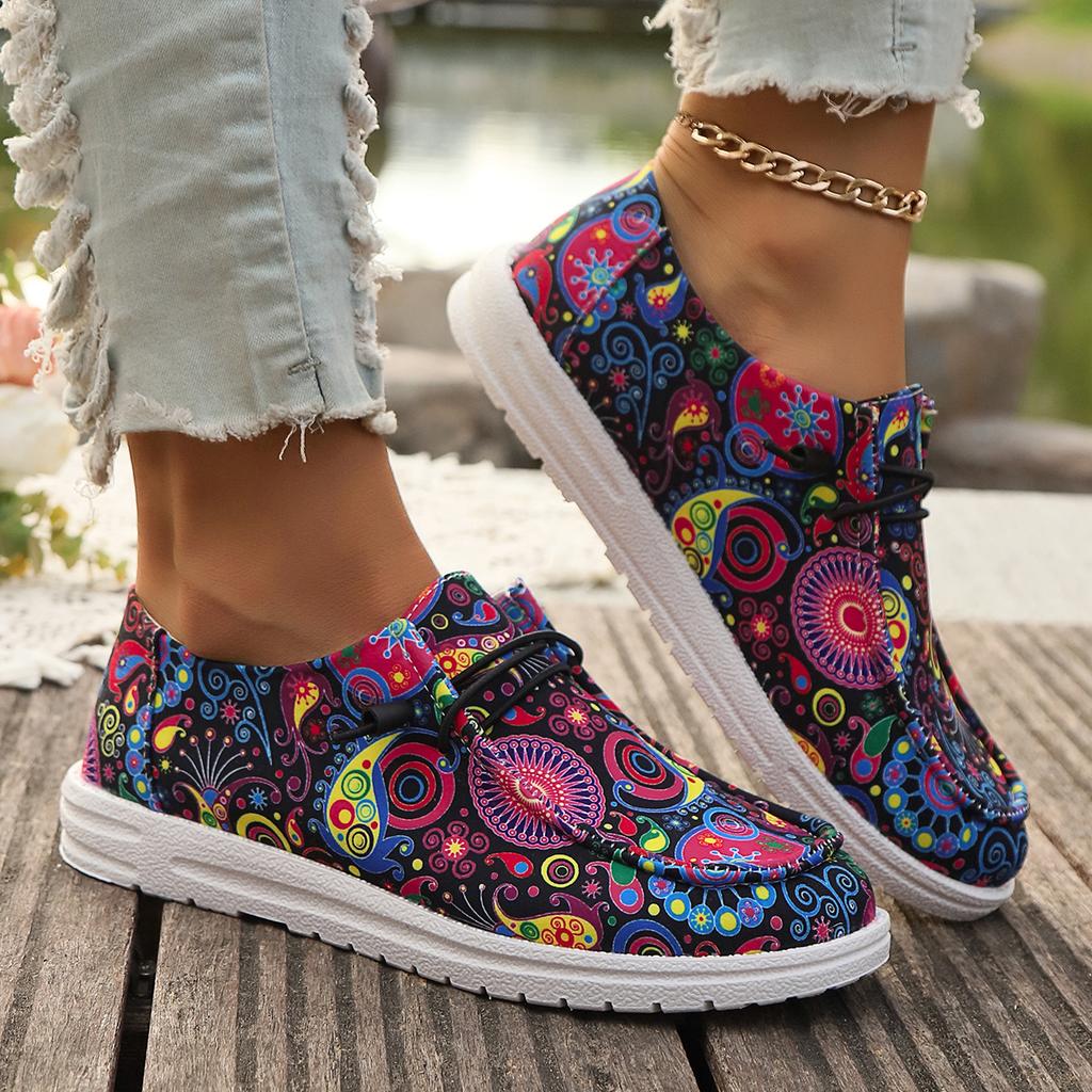 Women Flats Sneakers 2025 Spring Autumn New Women Fashion Canvas Print Flat Shoes Lace Up Woman Outdoor Casual Big Size Sneakers