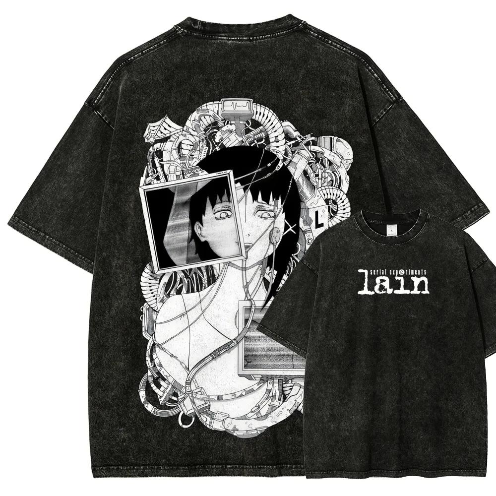 T-shirt Grafica Classica Retrò Anime Serial Experiments Lain Vestibilità Larga Casual Oversize Cotone Lavato Vintage Top Streetwear