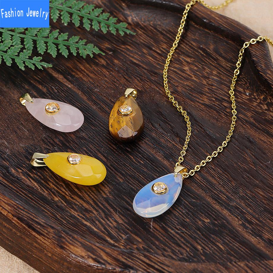 Natural crystal stone faceted water drop pendant micro-paved zircon fashion personalized necklace