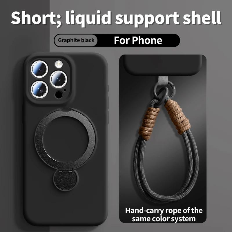 Liquid Silicone Magnetic Phone Case For Magsafe IPhone 13 14 15 16 Pro Max With Hanging Wrist Rope Strap Bracket Protective