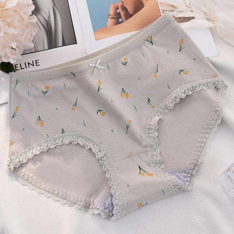 Cotton Fresh Women's Underwear Printing Cute Mid Rise Underwear Elastic Lace Edge Traceless Triangle Pants