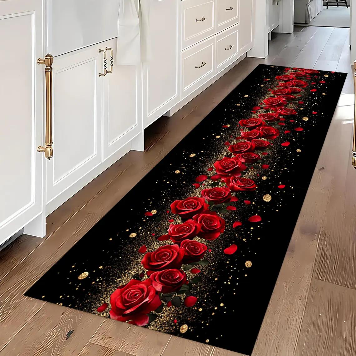 

Червоні троянди Квітковий килимок-доріжка День святого Валентина Декоративний килимок для вечері при свічках Декорація для коридору, веранди Килим для дому 40X120CM