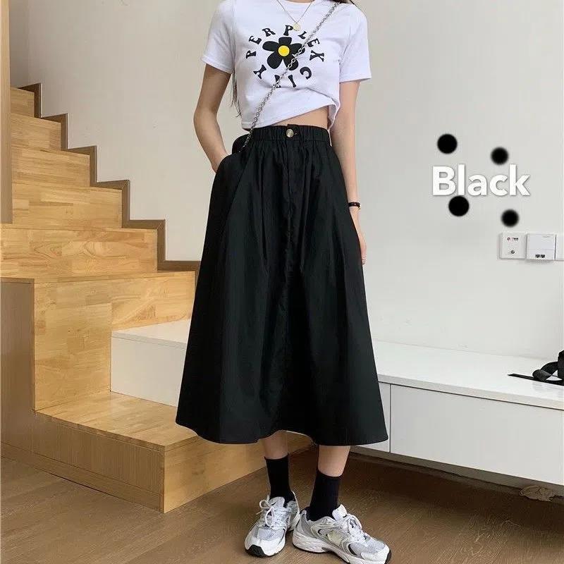 

2022 High Waist A-Line Black Mid-Length Skirt: Slimming Design, Hip Coverage, Over-the-Knee for Women L (105-120 cm)