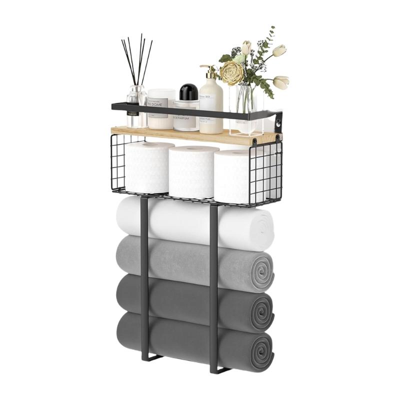 Bukolisches Holz und Metall Vertikaler Handtuchständer Badezimmeraufbewahrung Doppelschichtige Platzsparende Lösung Metall Holz Handtuchständer